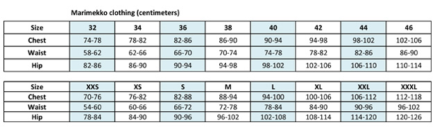 Marimekko clothing size chart