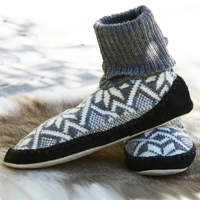 Chausson chaussette gris enfant en laine norvégienne au motif jacquard