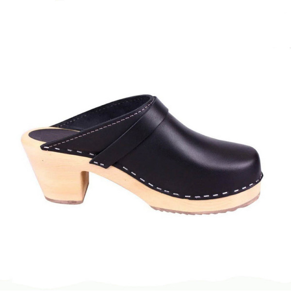 Sabots suédois cuir noir talons hauts 7 cm