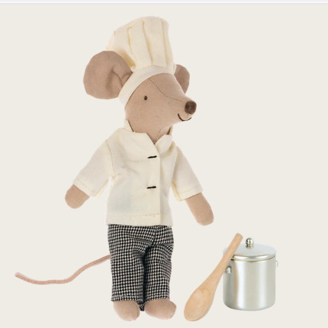 BIG BROTHER CHEF MOUSE WITH SOUP POT AND SPOON MAILEG